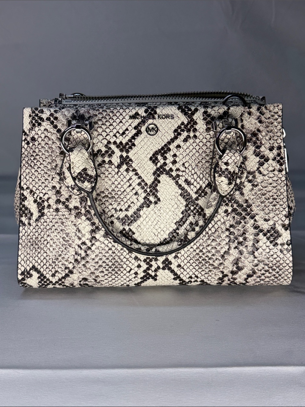 Michael Kors Black and White Snake-Print Satchel